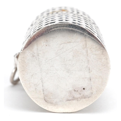 130 - A white metal wicker design thimble case housing a Victorian silver thimble dated 1896, the case 2.8... 