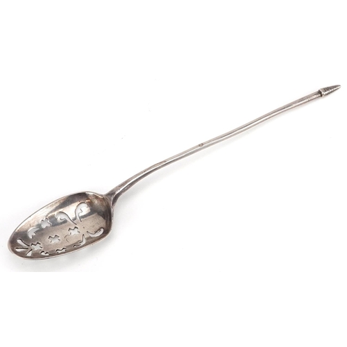 523 - An 18th century silver sifting spoon, incomplete hallmarks, 13.5cm in length, 9.0g.