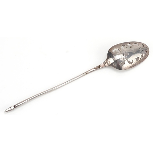 523 - An 18th century silver sifting spoon, incomplete hallmarks, 13.5cm in length, 9.0g.