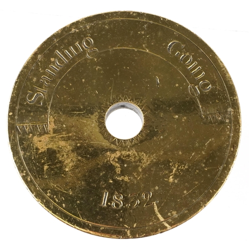 160 - An unusual polished brass steam engine register plate, dated 1832, engraved 'Standing' and 'Going', ... 