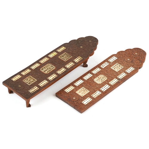 395 - A Chinese sandalwood and bone cribbage board, circa 1880, with three figural carved inset plaques fl... 