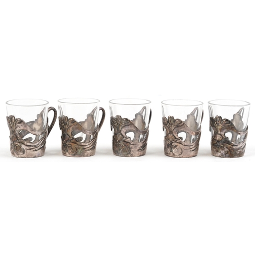 336 - A group of five early 20th century Art Nouveau style WMF pewter and glass shot glasses, 4.5cm high.