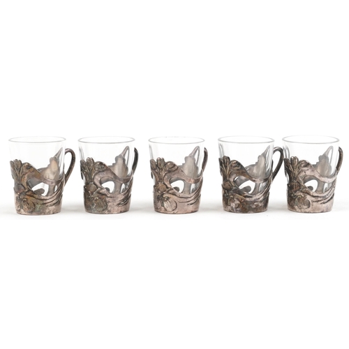 336 - A group of five early 20th century Art Nouveau style WMF pewter and glass shot glasses, 4.5cm high.