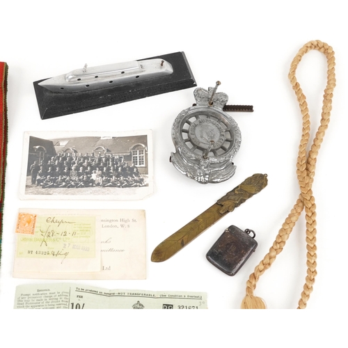 2301 - Sundry items including a Victorian silver vesta, Royal Automobile car radiator badges, AS Railway Se... 