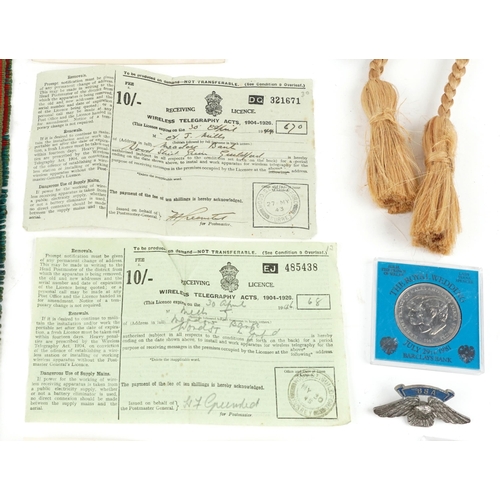 2301 - Sundry items including a Victorian silver vesta, Royal Automobile car radiator badges, AS Railway Se... 