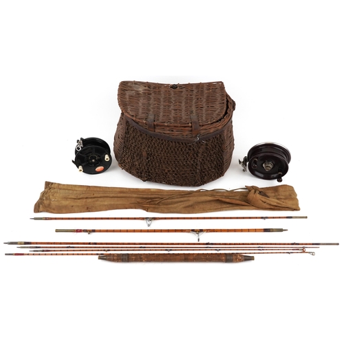 2317 - A vintage Hardy's wicker fishing creel basket, two fishing reels comprising Charles Alvey & Son Estu... 