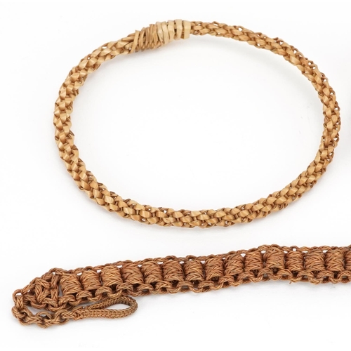 407 - An early 19th century fine woven straw work watch chain , of typical form, with a bar and pendants f... 