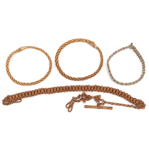 407 - An early 19th century fine woven straw work watch chain , of typical form, with a bar and pendants f... 