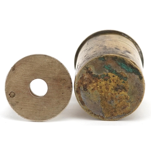 1190 - A brass cased stamp magnifier, circa 1920, enclosing a platform fitted with a lens, diameter 25mm.