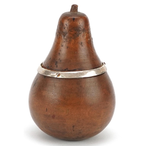 126 - An early 19th century turned fruitwood tea caddy, in the form of a pear, with screw off top applied ... 