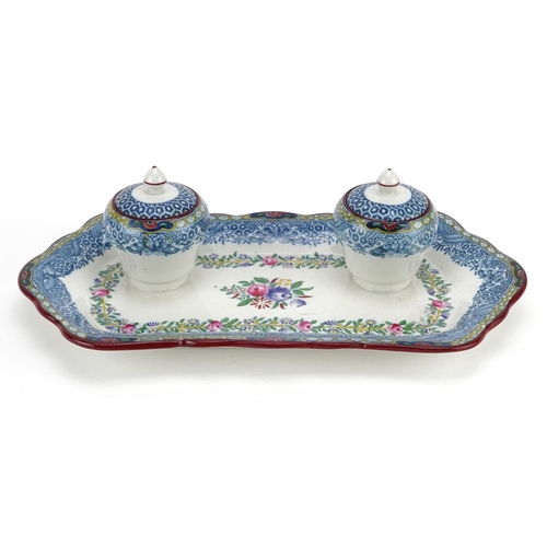 1137 - A Copeland transfer printed & hand painted inkstand, circa 1890, the shaped rectangular tray mounted... 