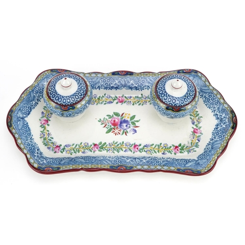 1137 - A Copeland transfer printed & hand painted inkstand, circa 1890, the shaped rectangular tray mounted... 