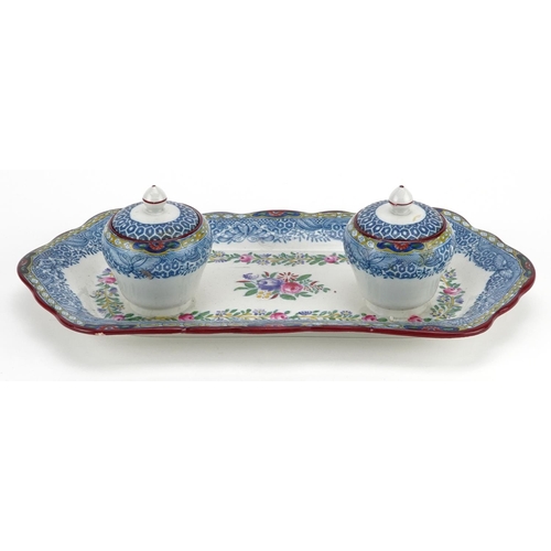 1137 - A Copeland transfer printed & hand painted inkstand, circa 1890, the shaped rectangular tray mounted... 