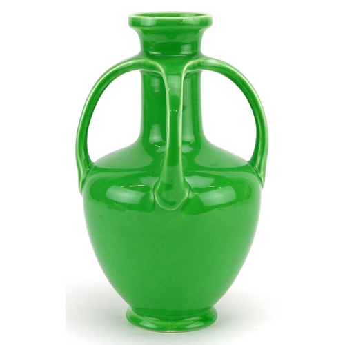 278 - A continental green glazed Secessionist vase, circa 1900, with four outset lug handles, transfer pri... 