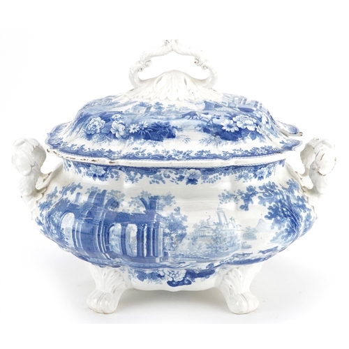 1076 - A John Rogers & Son Athens pattern blue & white tureen and cover, circa 1830, printed pattern mark a... 