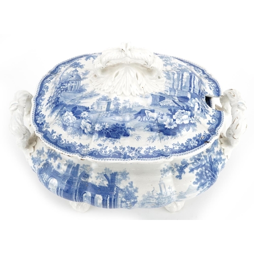 1076 - A John Rogers & Son Athens pattern blue & white tureen and cover, circa 1830, printed pattern mark a... 