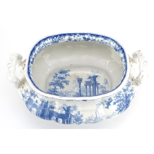 1076 - A John Rogers & Son Athens pattern blue & white tureen and cover, circa 1830, printed pattern mark a... 