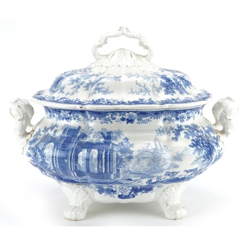 1076 - A John Rogers & Son Athens pattern blue & white tureen and cover, circa 1830, printed pattern mark a... 