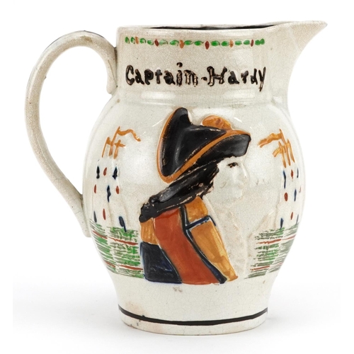  A Prattware Admiral Nelson & Captain Hardy jug, probably mid 19th Century of bulbous form with a rel... 