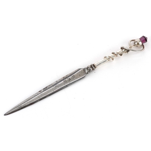 227 - A Scottish souvenir silver & steel bladed letter knife, Birmingham 1906, with a purple amethyst term... 