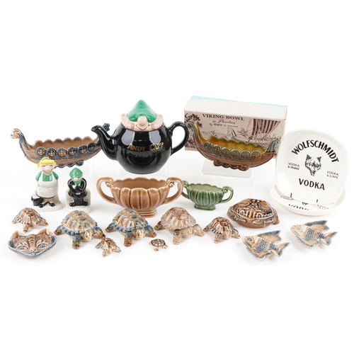 494 - A small collection of Wade ceramic items including tortoises, Viking ships, salt and pepper and an A... 