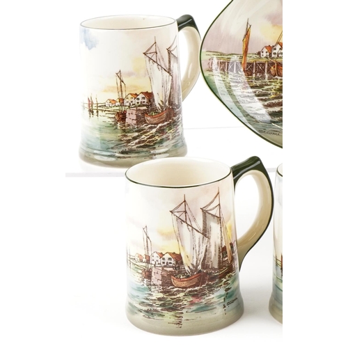 424 - Five Royal Doulton series ware Home Waters tankards decorated by W.E. Grace, D6434 and Home Waters o... 