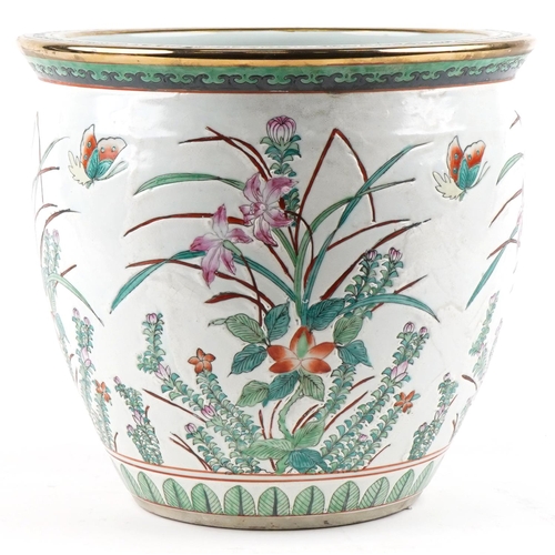 251 - A Chinese Canton porcelain fish bowl jardinière, 20th century, the exterior decorated with flowers a... 