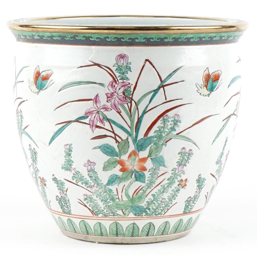 251 - A Chinese Canton porcelain fish bowl jardinière, 20th century, the exterior decorated with flowers a... 