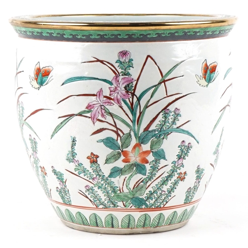 251 - A Chinese Canton porcelain fish bowl jardinière, 20th century, the exterior decorated with flowers a... 