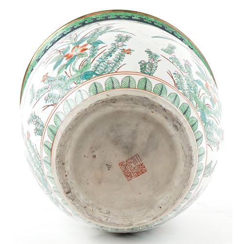 251 - A Chinese Canton porcelain fish bowl jardinière, 20th century, the exterior decorated with flowers a... 