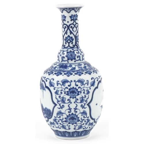 136 - A Chinese porcelain blue and white vase hand painted with cranes and birds of paradise amongst folia... 