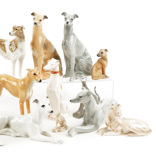 1237 - A collection of porcelain, pottery and resin models of Greyhounds, the largest 25cm in length.