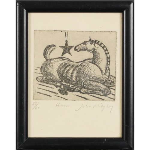 1476 - Julia Midgley - Horses, 20th century British School engraving , signed and editioned, framed, 12cm x... 