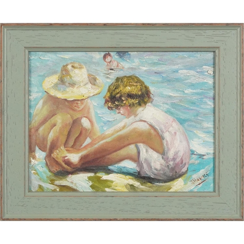 1479 - At the Seaside, early 20th century British School oil on board, indistinctly signed, framed, 14cm x ... 