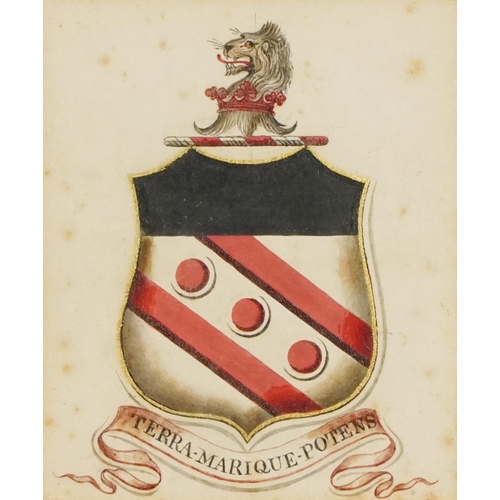 1478 - An Edwardian Armorial bearing 'Terra Marique Potens', pen and ink and watercolour on paper, in an oa... 