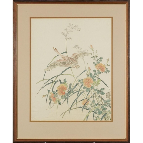 350 - A Mallard and Roses, 20th century Chinese School, coloured engraving, baring signature, framed, 66cm... 