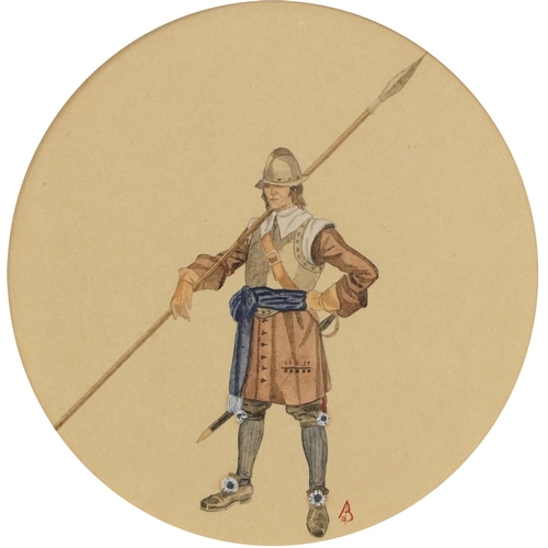 1542 - A Chevalier, 20th century British School watercolour on paper, initialled AB 70, diameter 19cm.