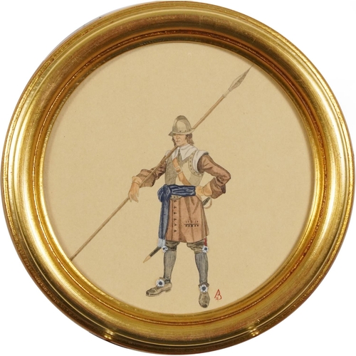 1542 - A Chevalier, 20th century British School watercolour on paper, initialled AB 70, diameter 19cm.