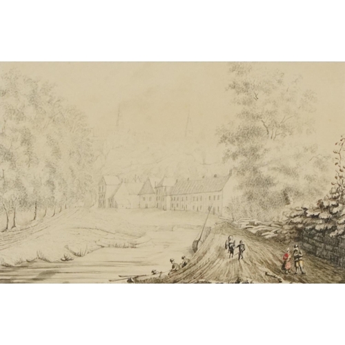 1537 - A Riverside Village, 19th century Continental School, circa 1830, watercolour on paper, with figures... 