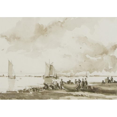 1540 - On the Seashore, 19th Century Dutch School, grey/brown washes, unsigned, framed, 21cm x 25cm.