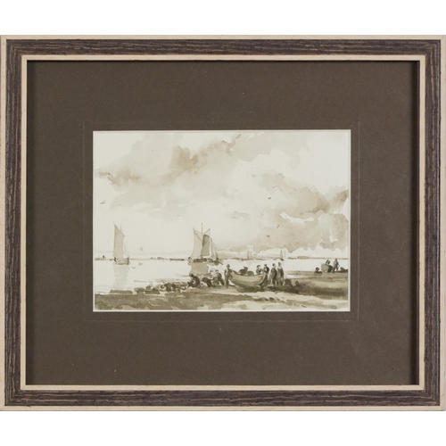 1540 - On the Seashore, 19th Century Dutch School, grey/brown washes, unsigned, framed, 21cm x 25cm.