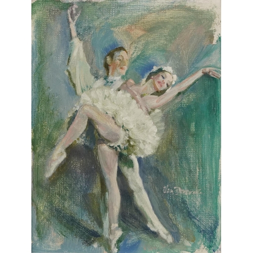 1473 - Ballet Dancers, 20th Century British School, oil on artist's board, indistinctly signed, framed, 22c... 