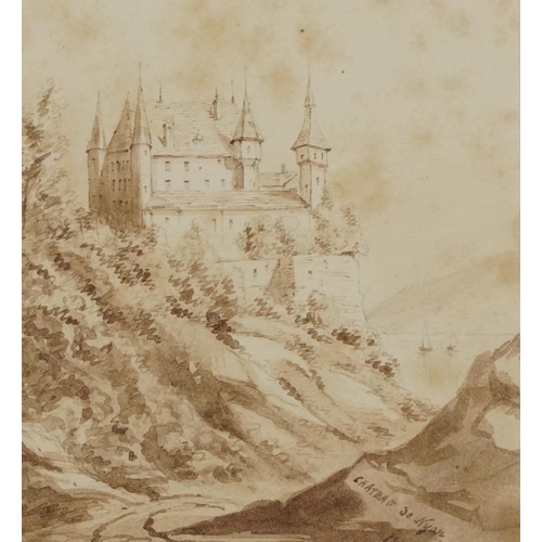 1541 - Chateau De Nyon, early 19th century Swiss School, brown washes, inscribed 'Chateau de Nyon', framed,... 