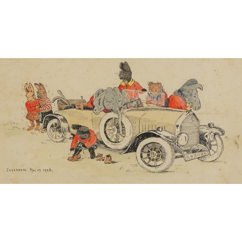 1435 - FMM - Zoomorphic figures in a broken down car, 20th century British School, hand coloured etching, m... 