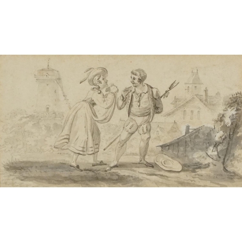 1543 - A Courting Couple, Continental School circa 1820, the couple standing in front of an elaborate build... 