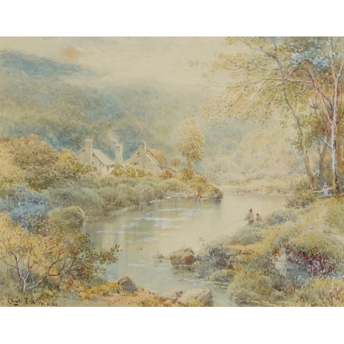 1472 - Chris F. Allham - Fishing Beside a River, 20th century British School, watercolour heighten with bod... 