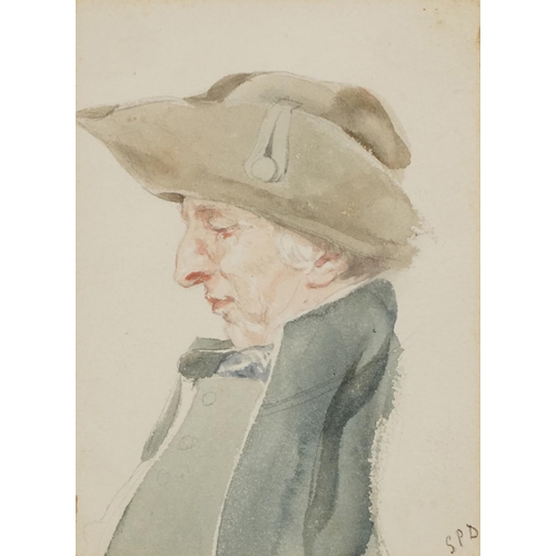 1471 - SPD - Gentleman in Profile, 19th century, watercolour on paper, signed with initials, framed 13cm x ... 