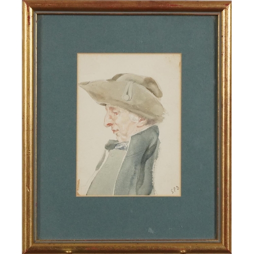 1471 - SPD - Gentleman in Profile, 19th century, watercolour on paper, signed with initials, framed 13cm x ... 