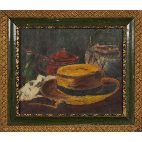 1438 - Still Life with a Boater, late 19th century Continental School, varnished, watercolour on paper, fra... 