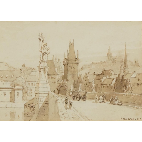 1440 - Sir Ernest George - Bridge, Prague, sepia watercolour, initialled E G and inscribed 'Prague, framed ... 